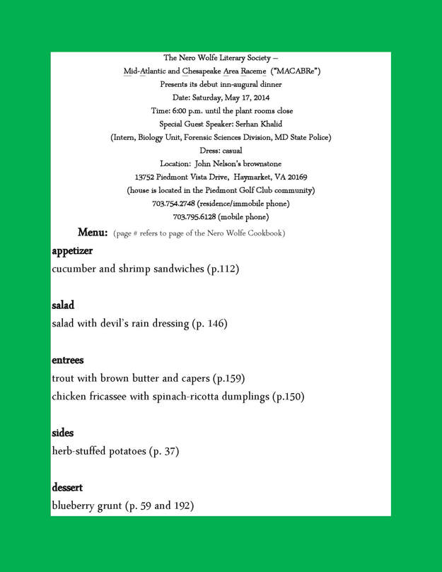MACABRe dinner menu